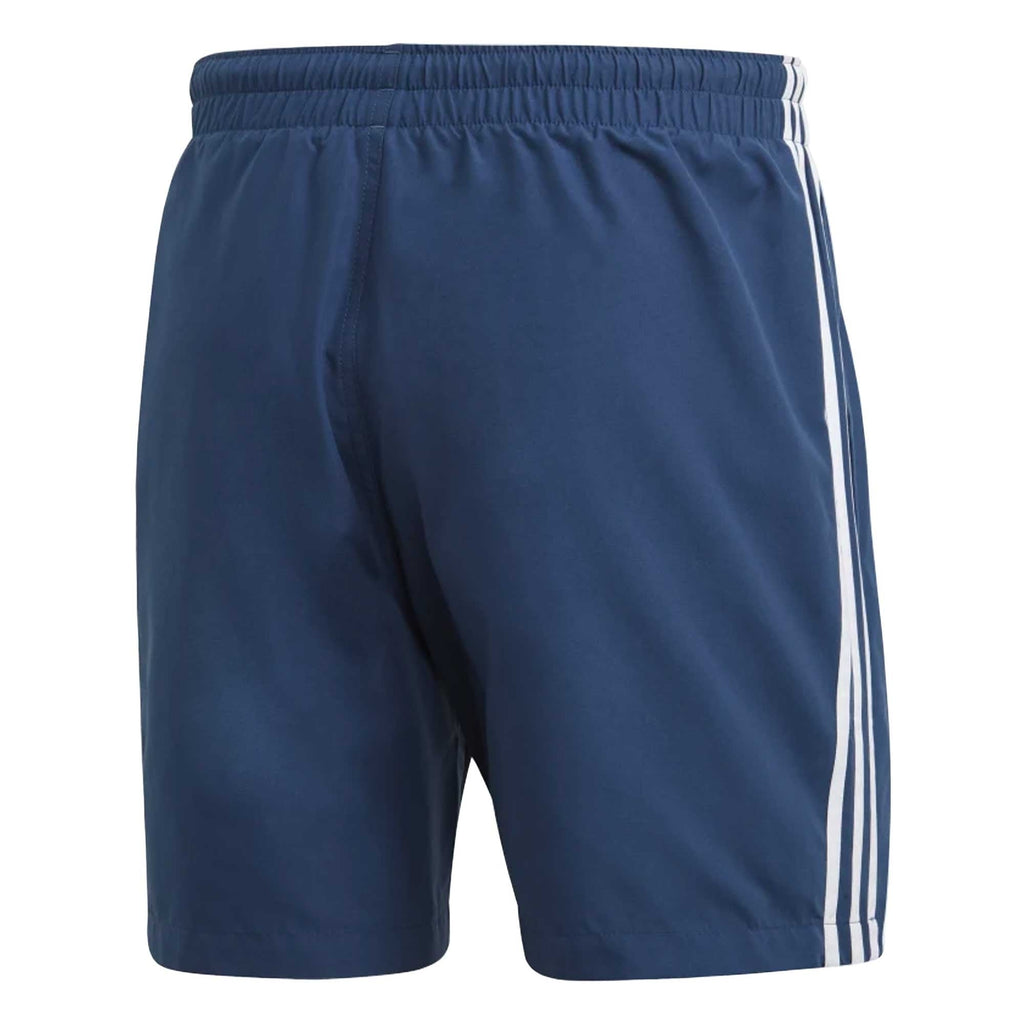 Rear view of navy blue Adidas 3-Stripes swim shorts.