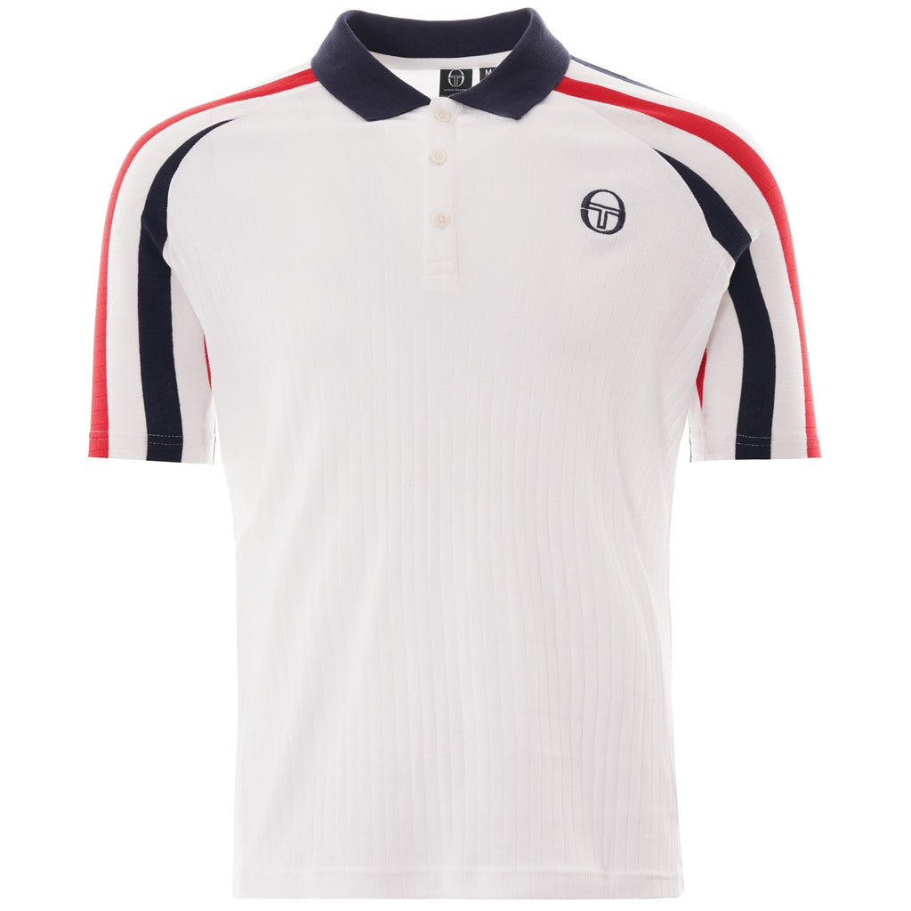 A white short-sleeved polo shirt with a navy collar and red and navy stripes on the shoulders.