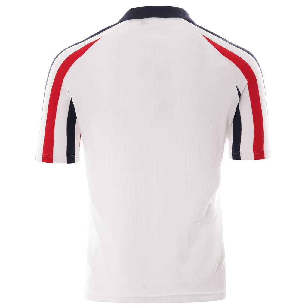 The back of the white short-sleeved polo shirt, showing red and navy stripes on the shoulders.