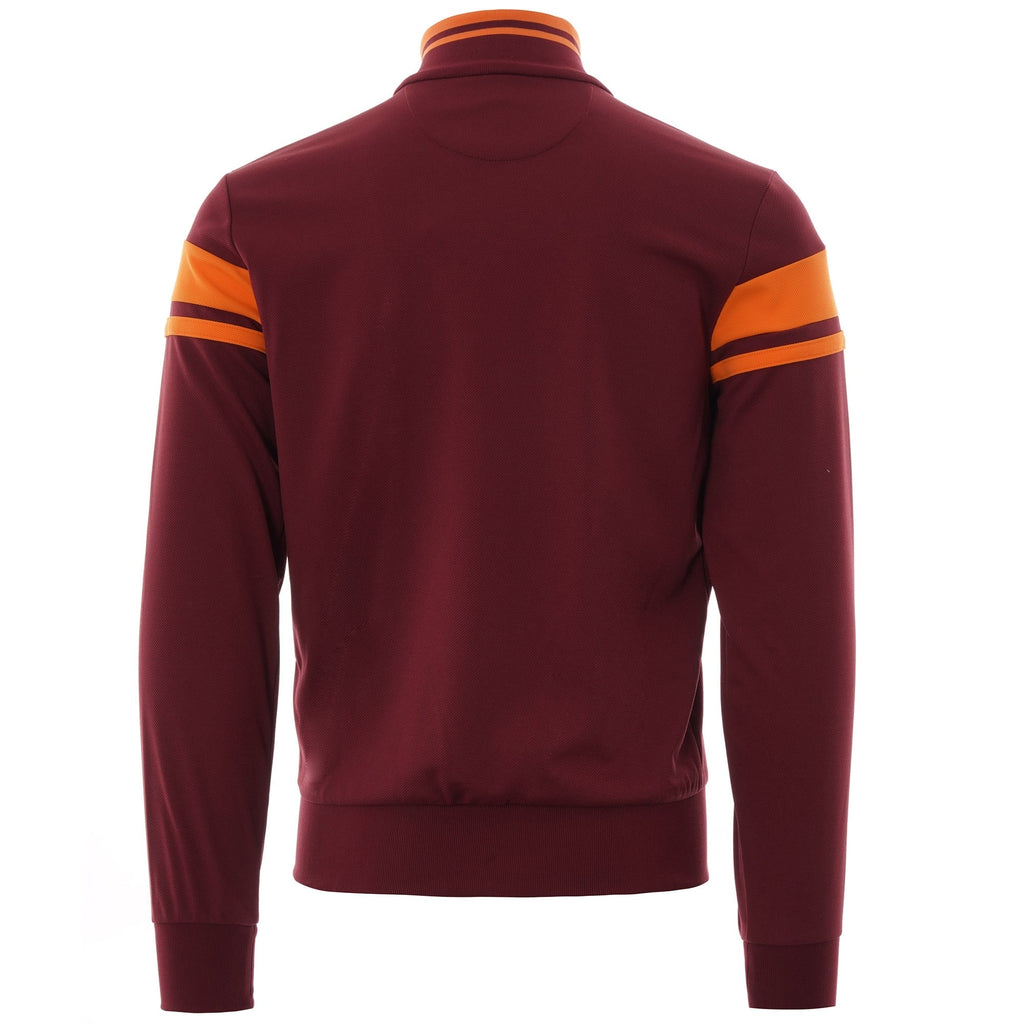 A rear view of the Sergio Tacchini Orion Track Top in red with orange stripes on the arms.