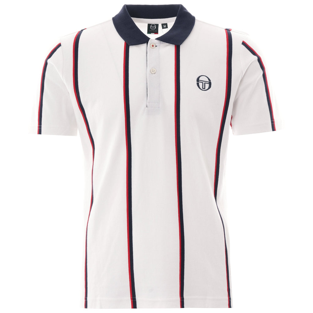 A white polo shirt featuring vertical navy and red stripes, with a navy collar and a brand logo.
