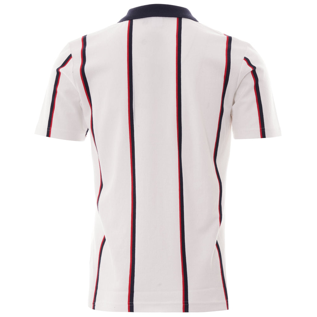 Rear view of the white polo shirt, showing vertical navy and red stripes and navy collar.