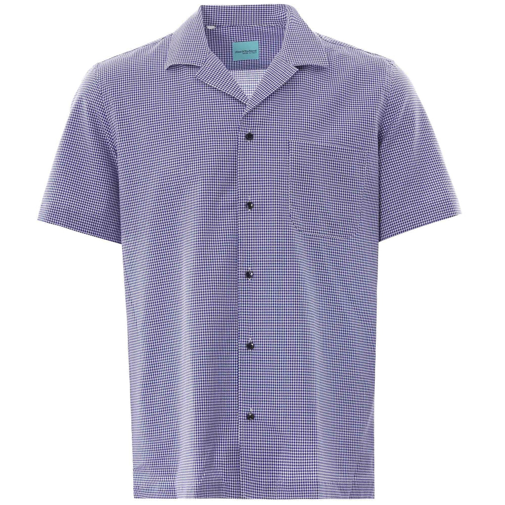 A blue houndstooth patterned short-sleeved shirt with a revere collar and single chest pocket.