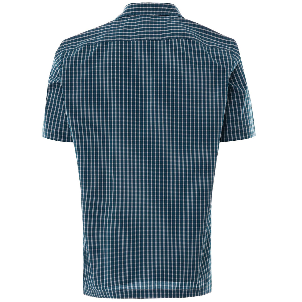 Rear view of the blue and white checked short-sleeved shirt.