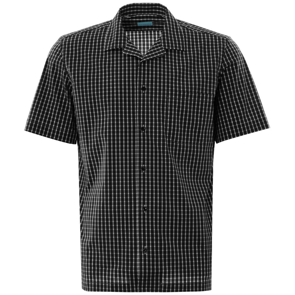A short-sleeved black and white checked shirt with an open collar.