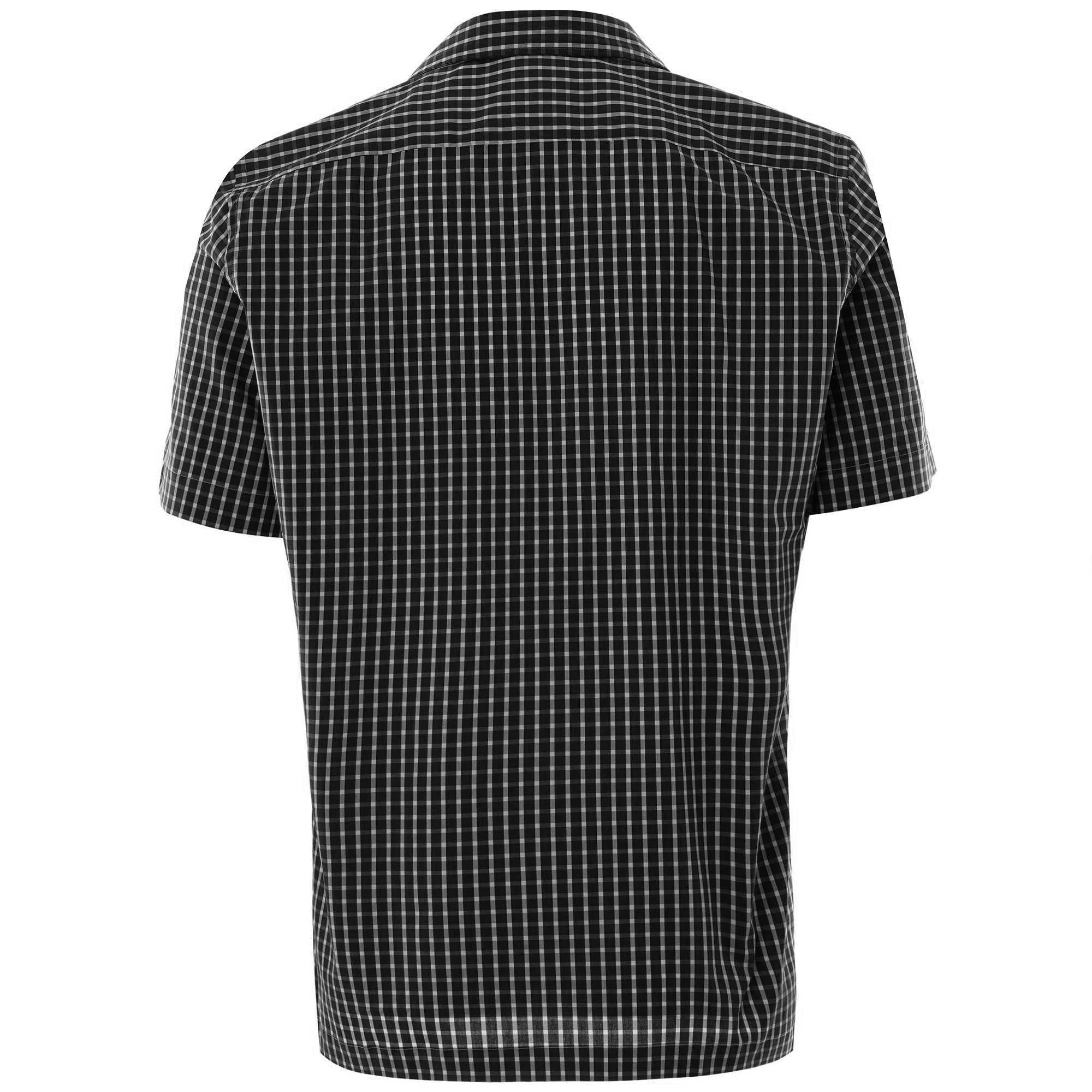 The back view of a short-sleeved black and white checked shirt.