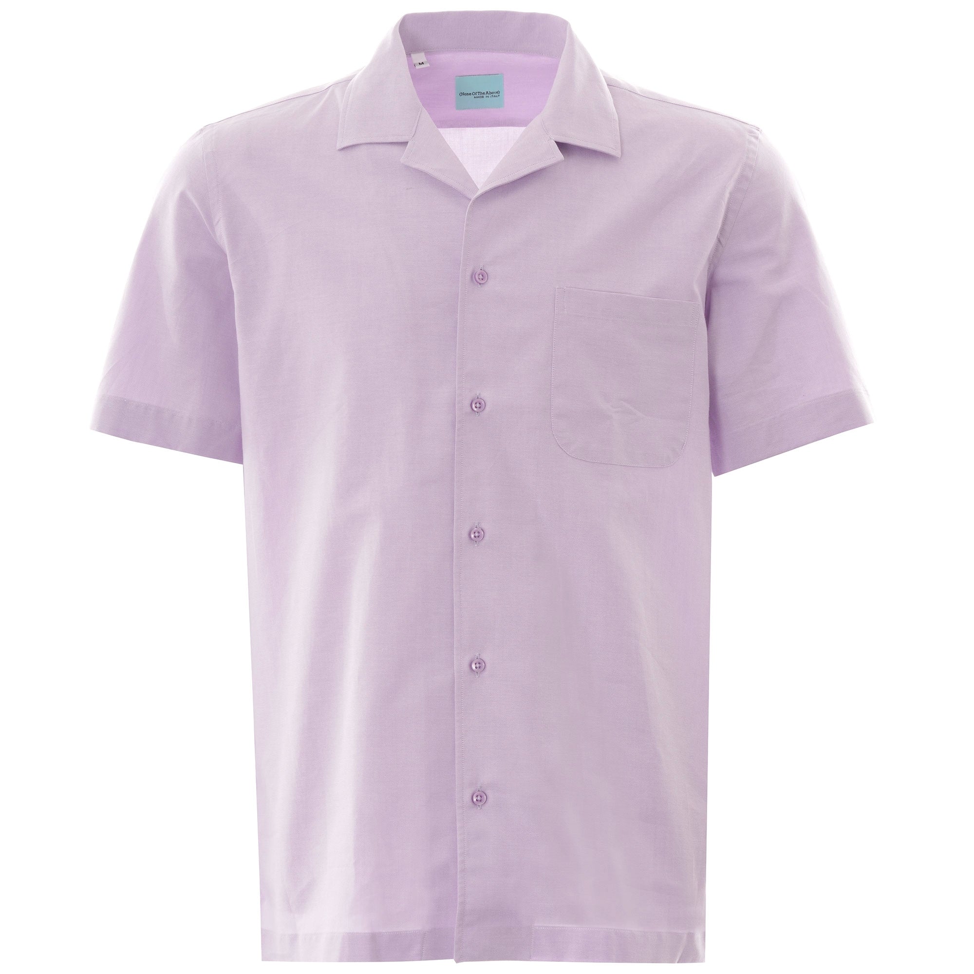 A close-up shot of a men's short sleeve shirt in a light purple colour.
