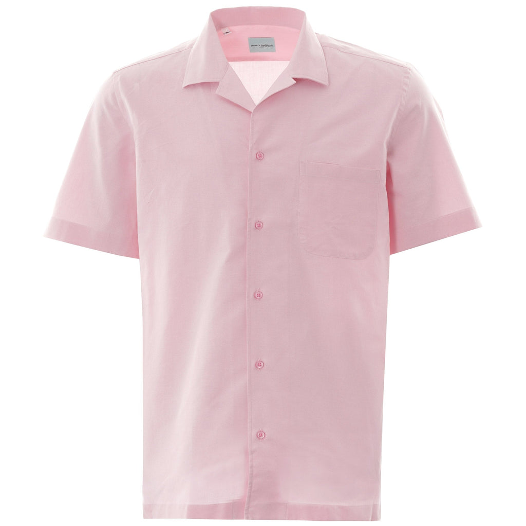 A pink short-sleeved button-up shirt with a relaxed collar. 