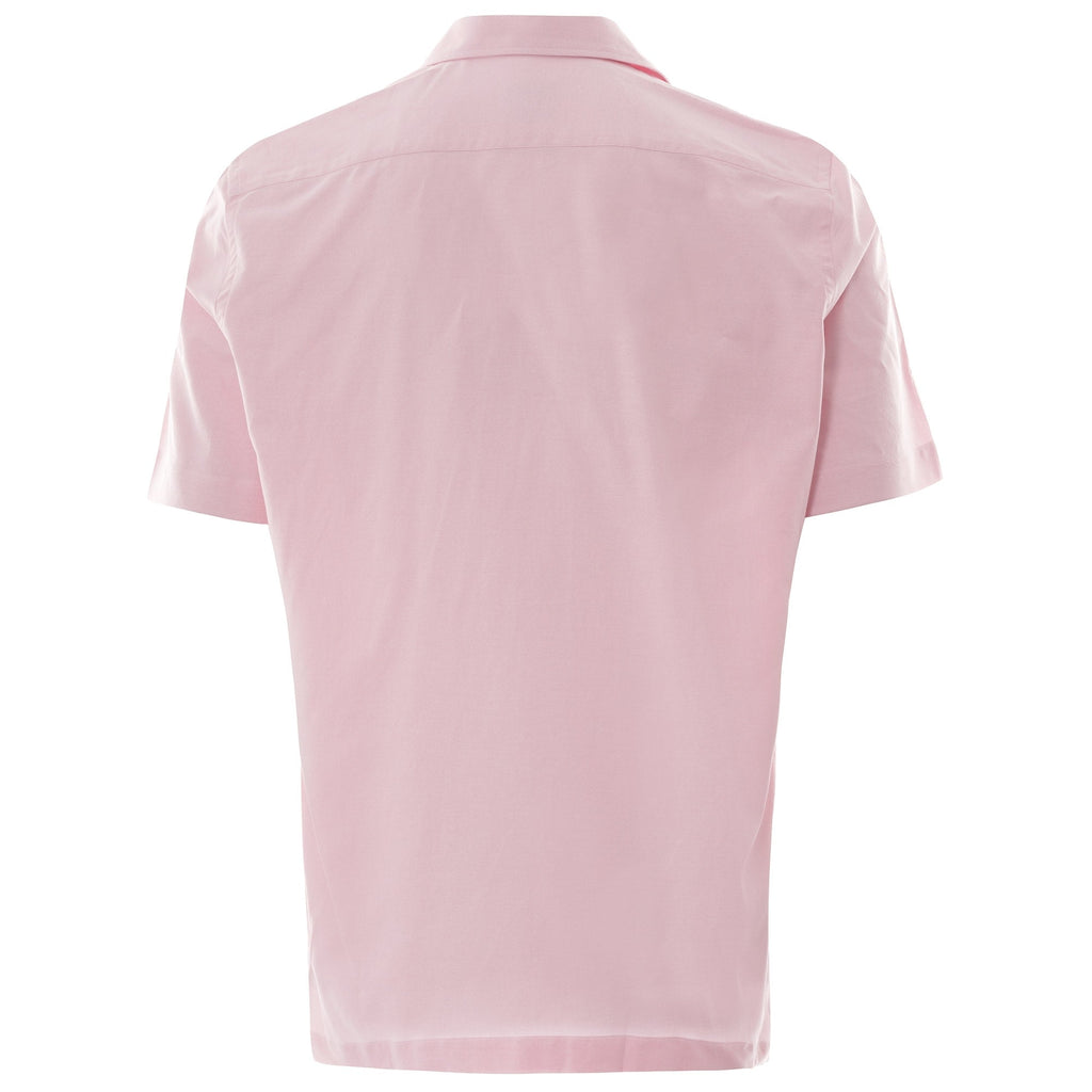 Back view of the pink short-sleeved button-up shirt. 