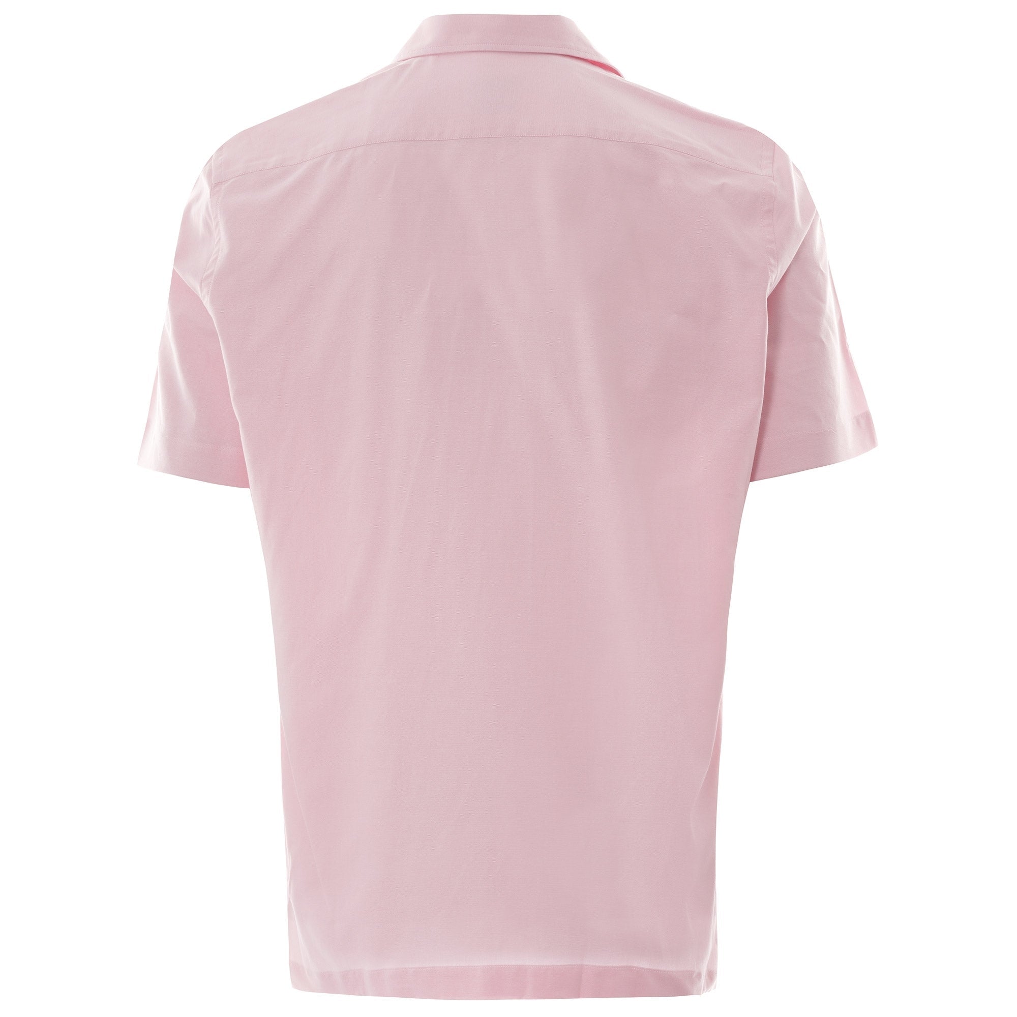 Back view of the pink short-sleeved button-up shirt. 