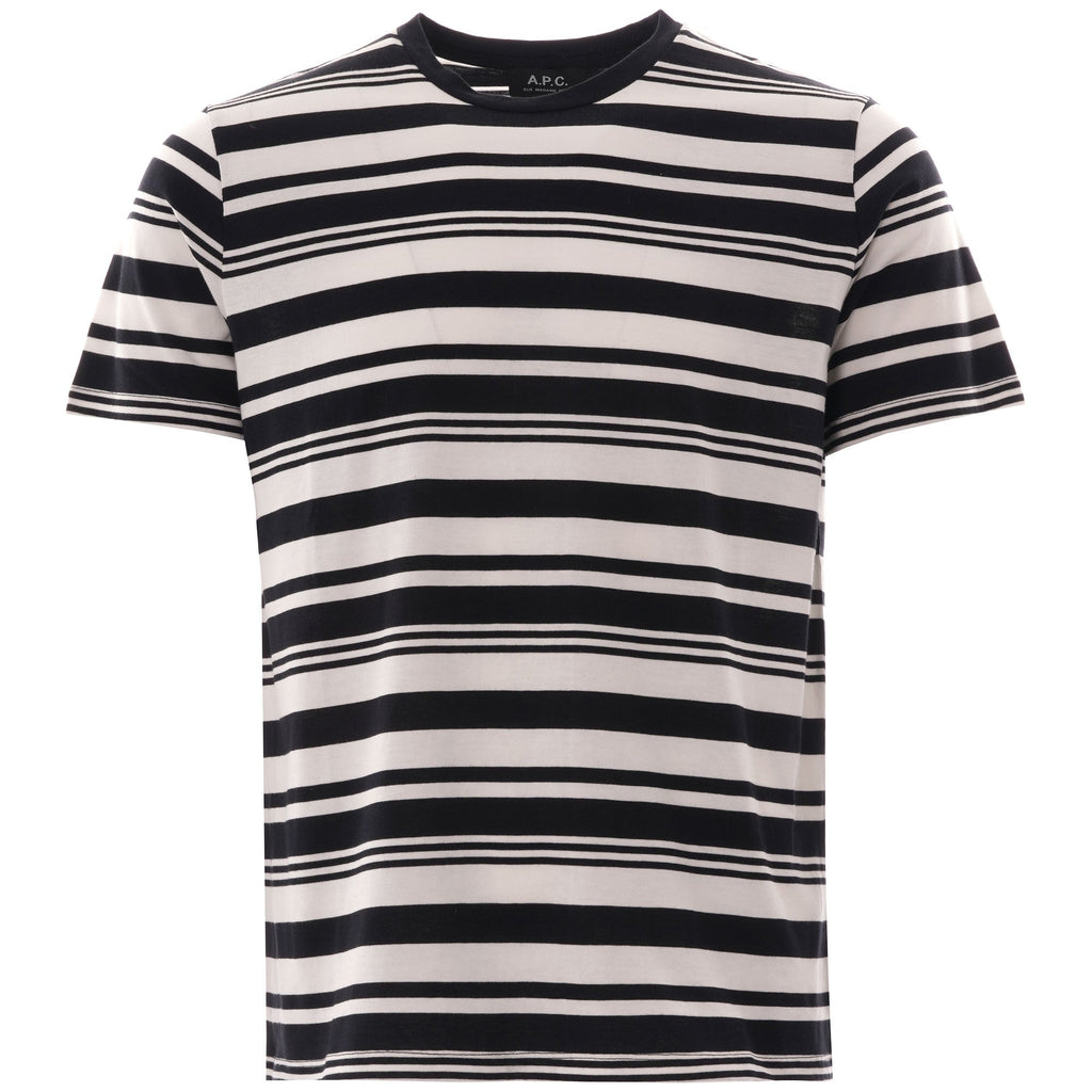 A black and white striped short-sleeve T-shirt on a white background.