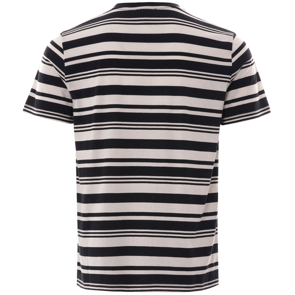 The back of the black and white striped T-shirt, displayed on a white background.