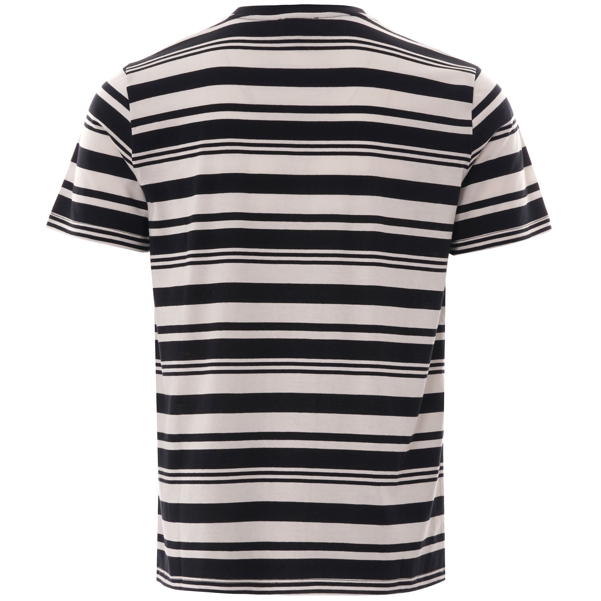 The back of the black and white striped T-shirt, displayed on a white background.