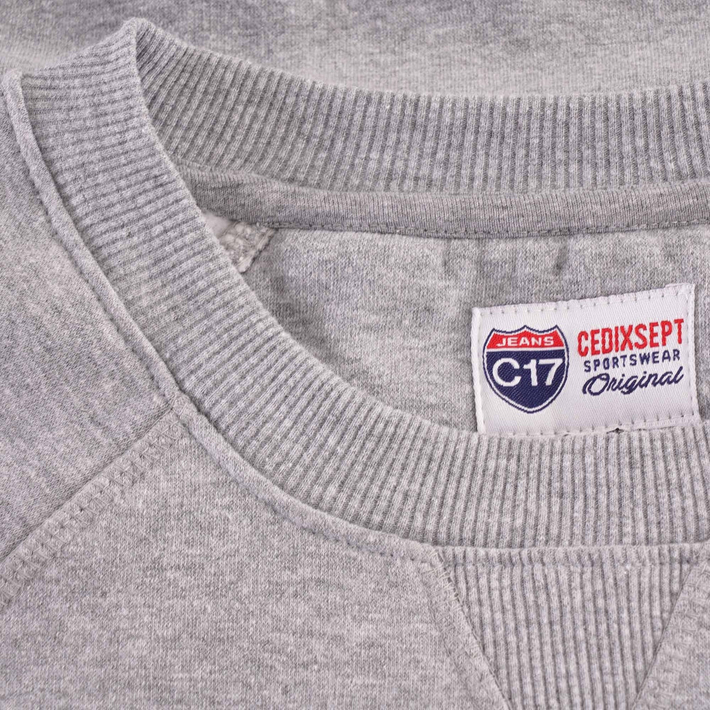 Close-up of the grey sweatshirt collar showing the brand tag.