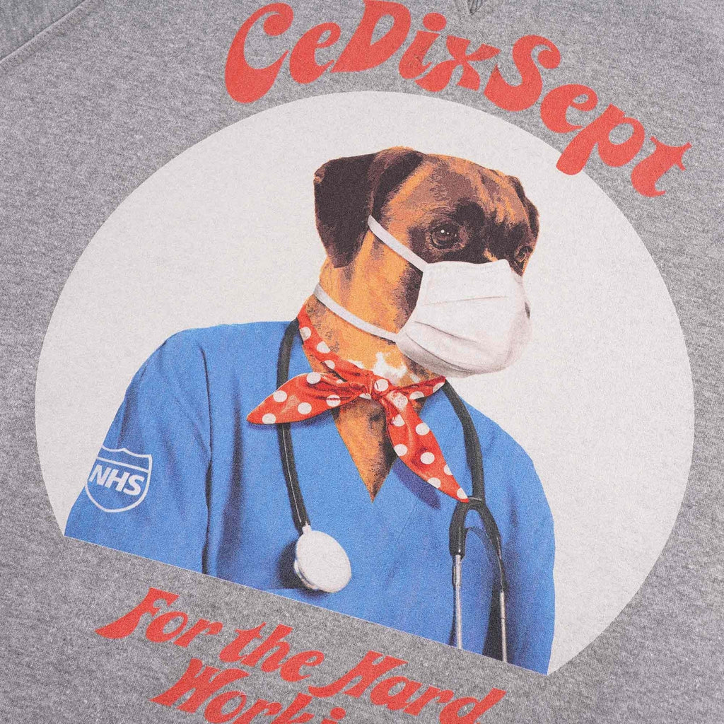 Close-up of the dog graphic on the grey sweatshirt, with text above and below.