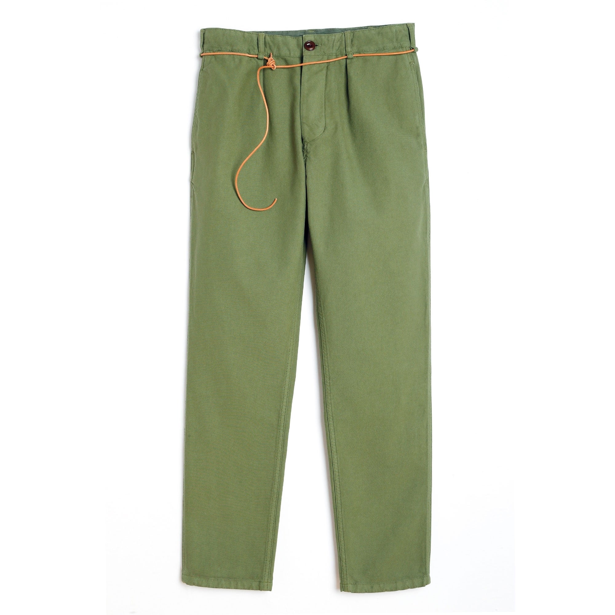 Full view of men's sage green trousers with a brown cord belt.