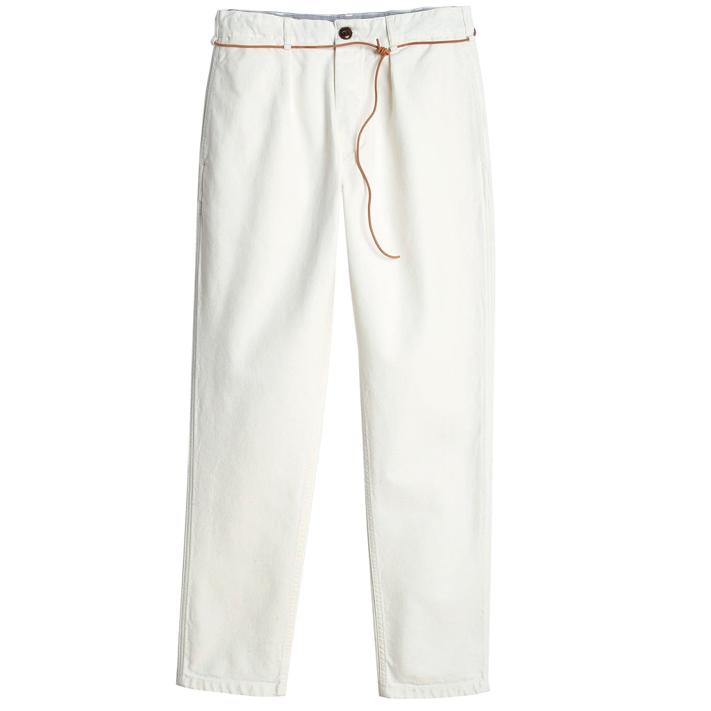 A pair of white trousers with a brown leather drawstring belt, on a white background.