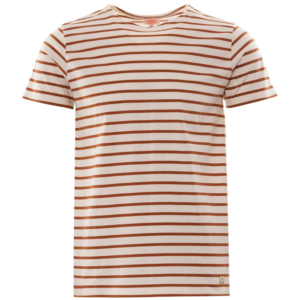 Front view of an Armor Lux short-sleeved t-shirt in white with horizontal brown stripes.