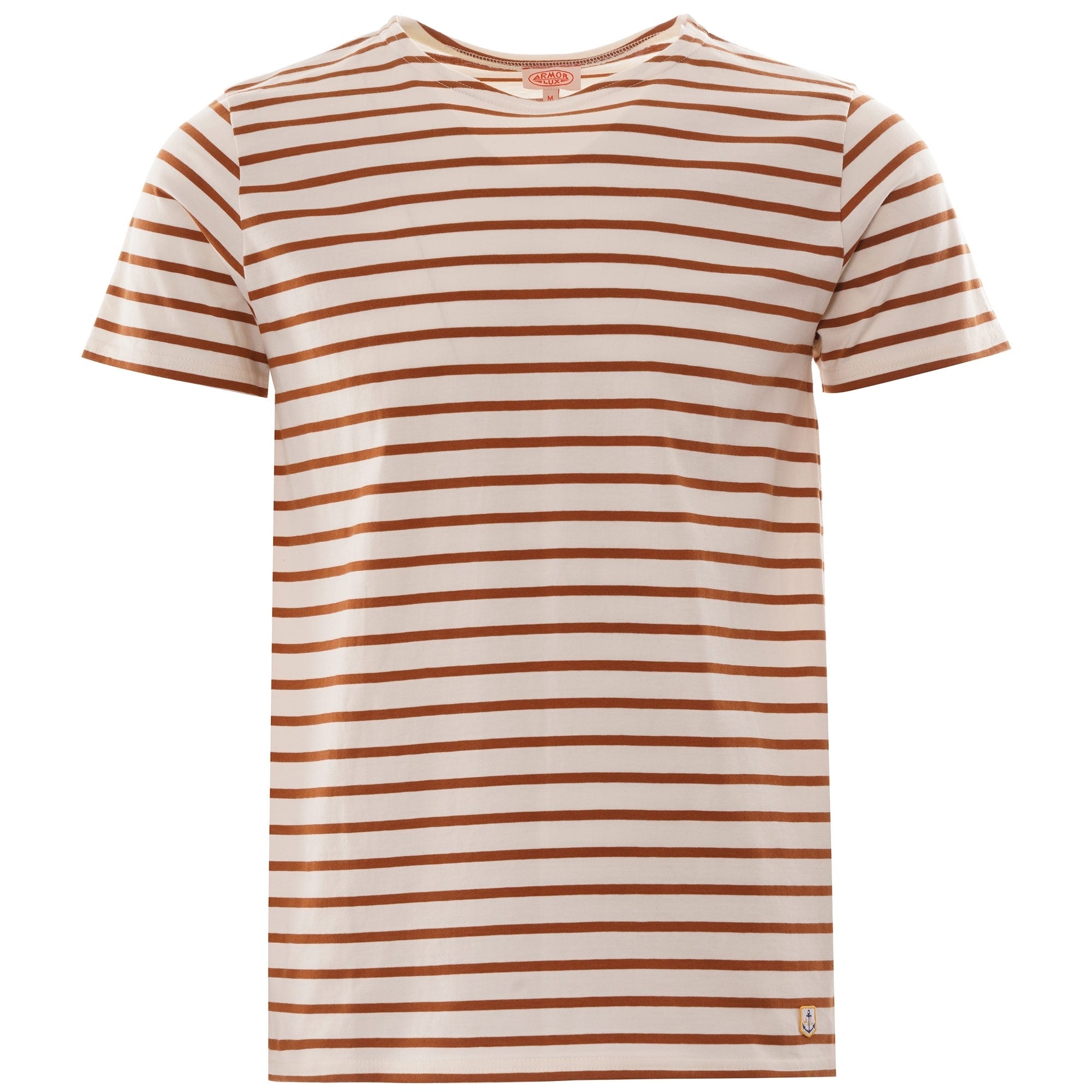 Front view of an Armor Lux short-sleeved t-shirt in white with horizontal brown stripes.