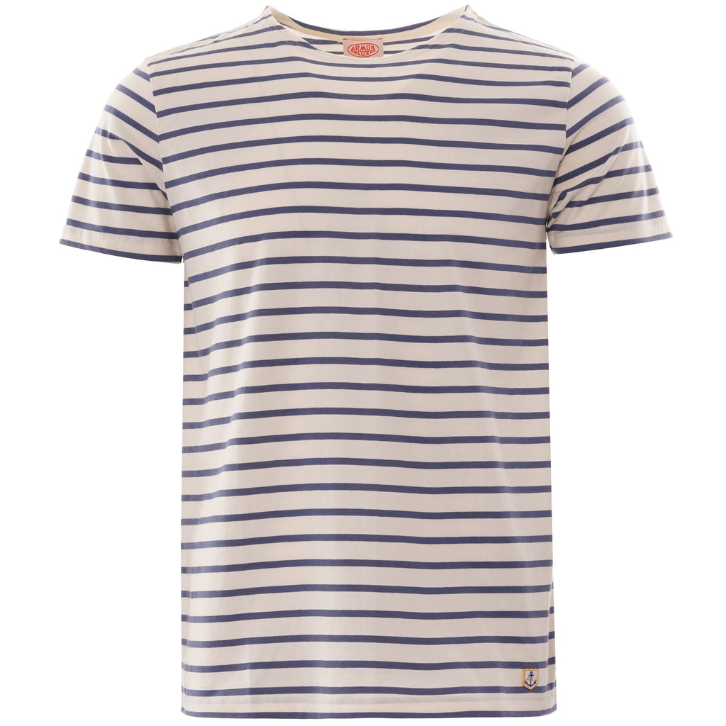 A white and navy striped t-shirt for sale.