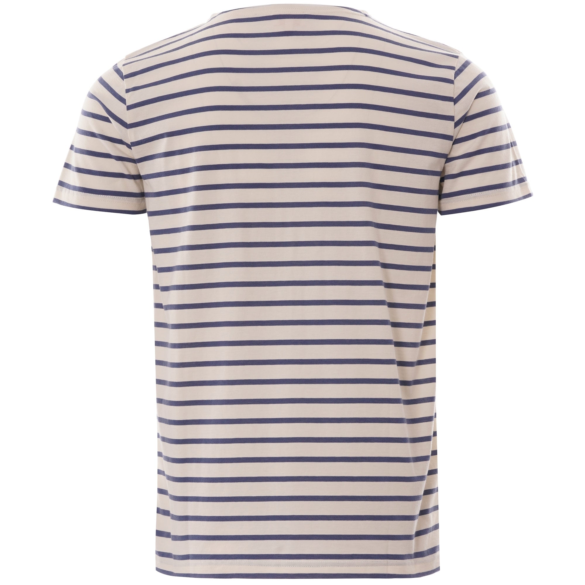 The back of the white and navy striped t-shirt.