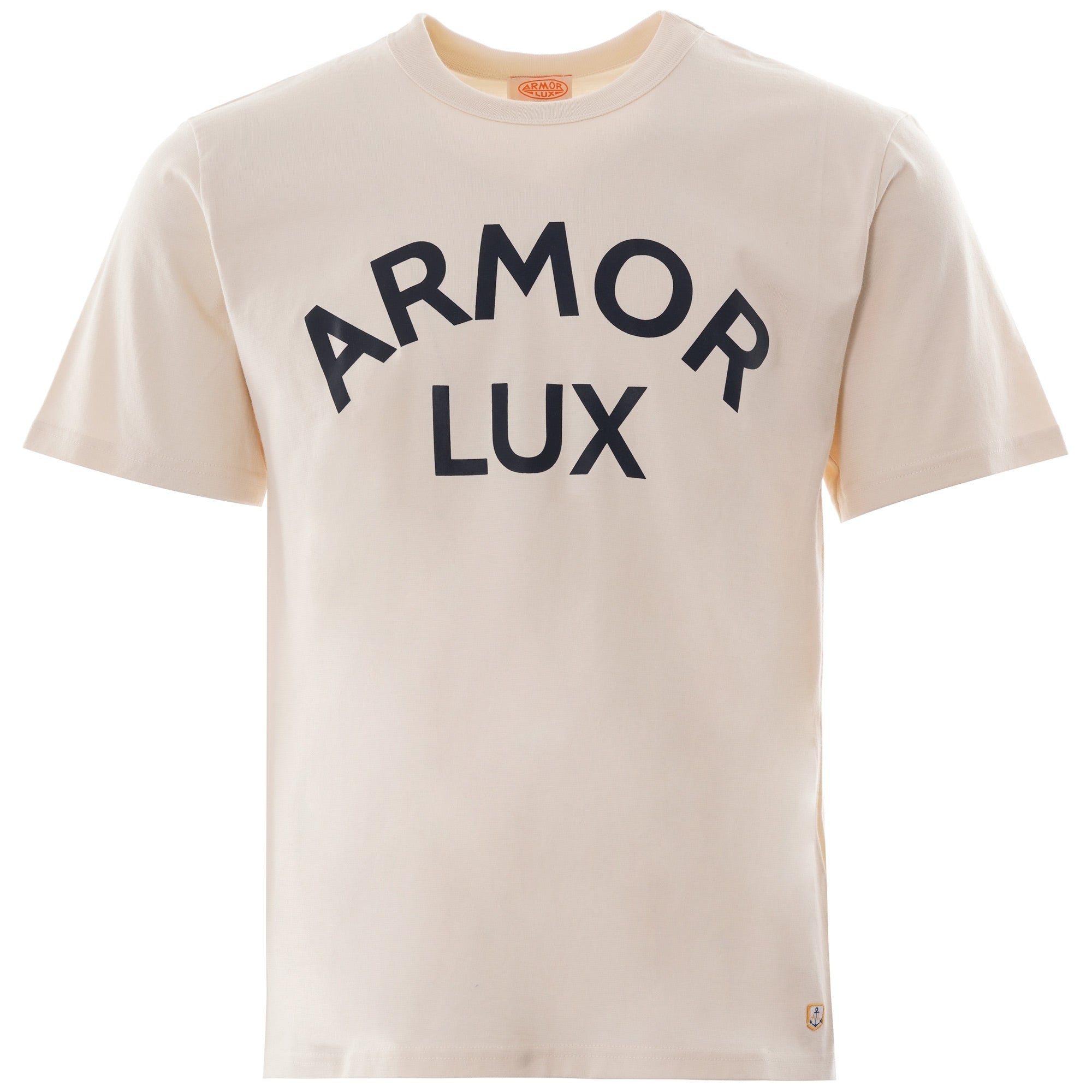 A close-up of a cream-coloured T-shirt with the words 'ARMOR LUX' in navy across the chest.