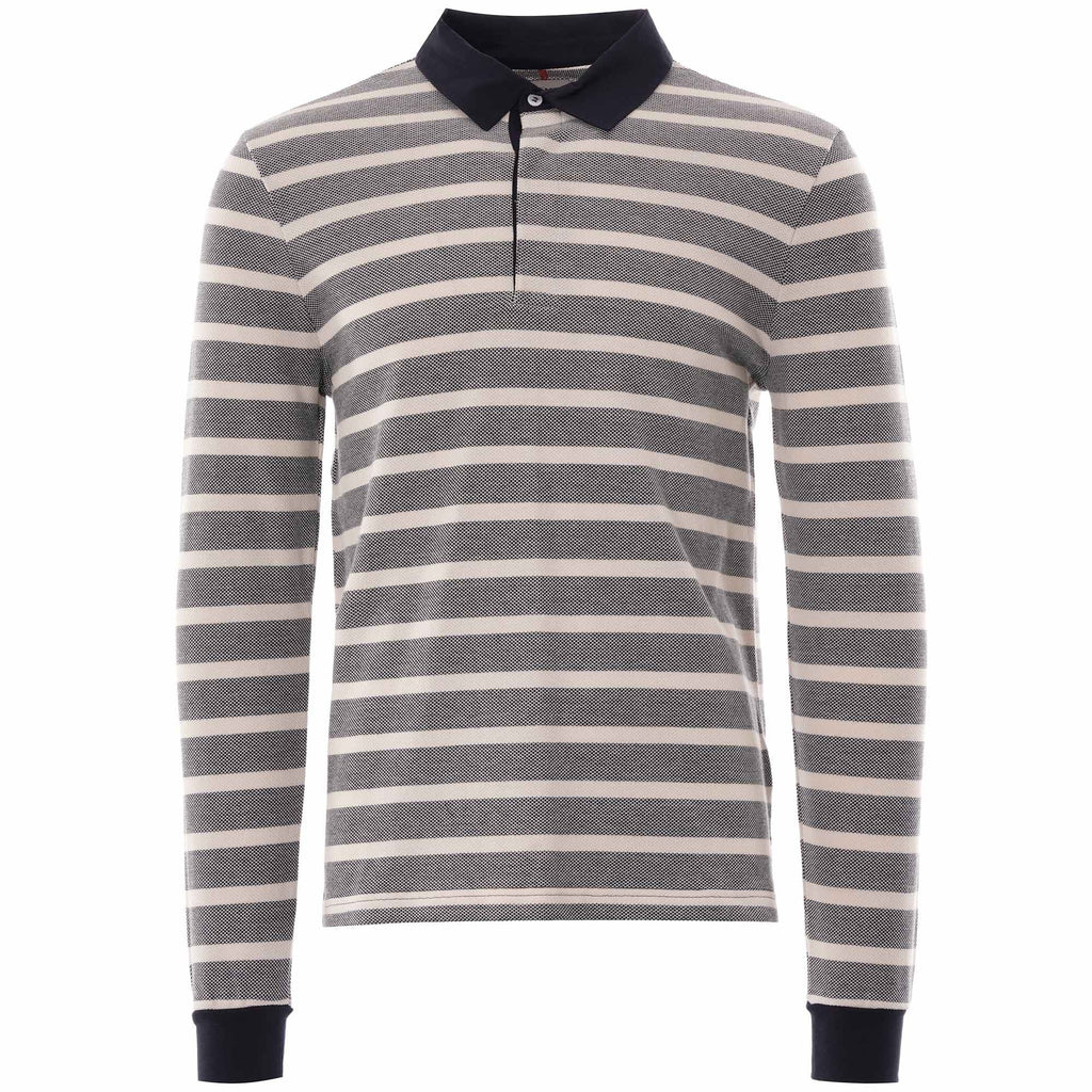 Full view of a long-sleeved polo shirt with horizontal grey and white stripes, and a navy collar.