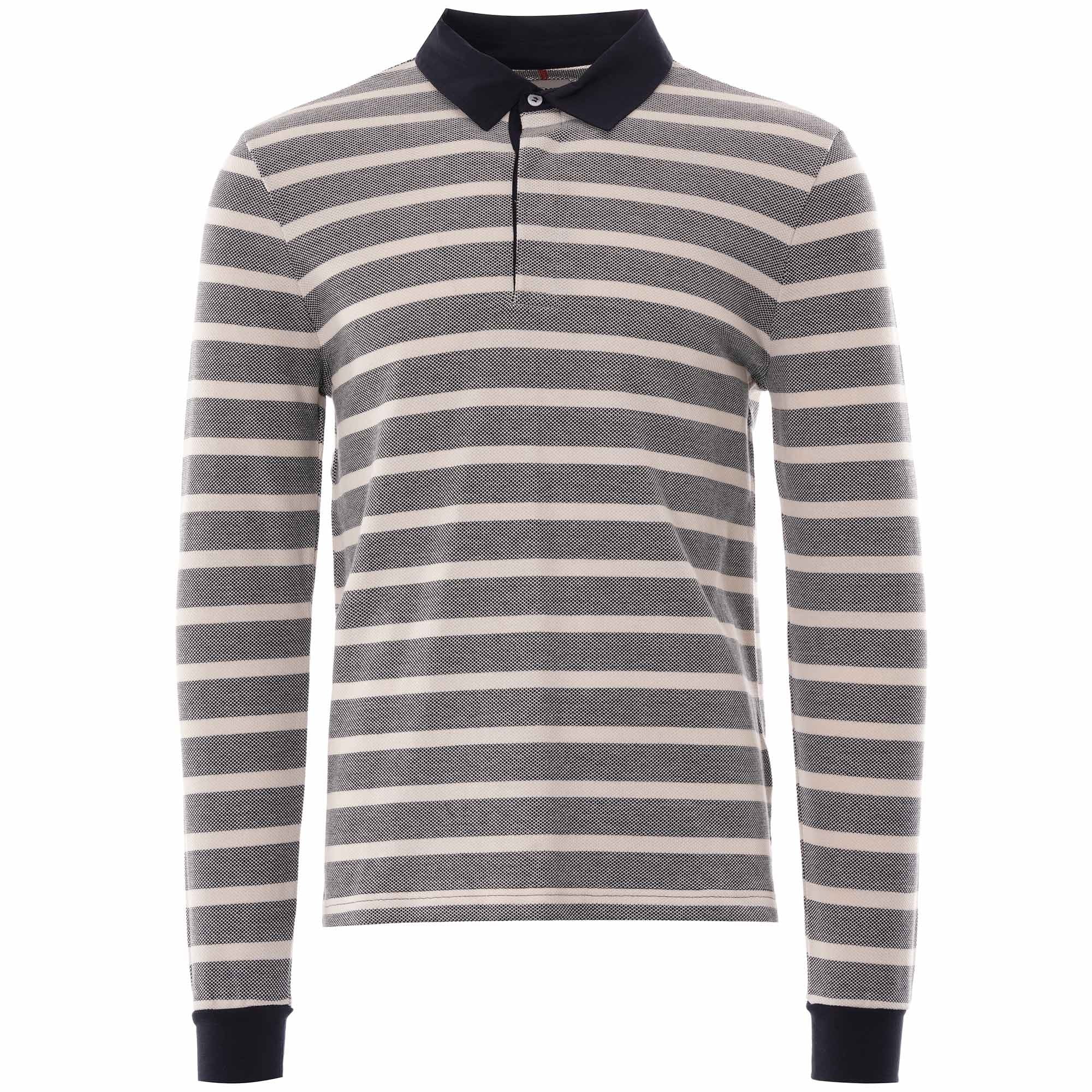Full view of a long-sleeved polo shirt with horizontal grey and white stripes, and a navy collar.