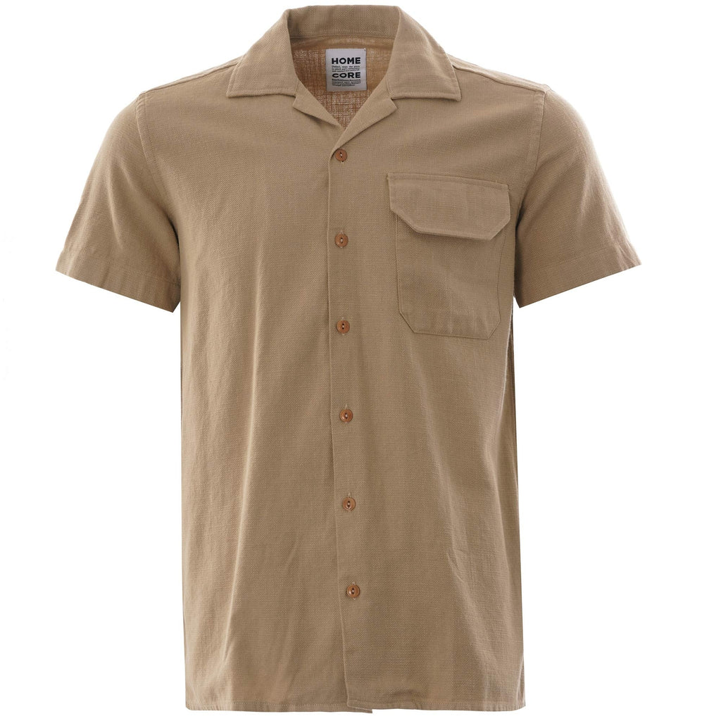 Front view of a men's short-sleeved beige shirt with an open collar and chest pocket.