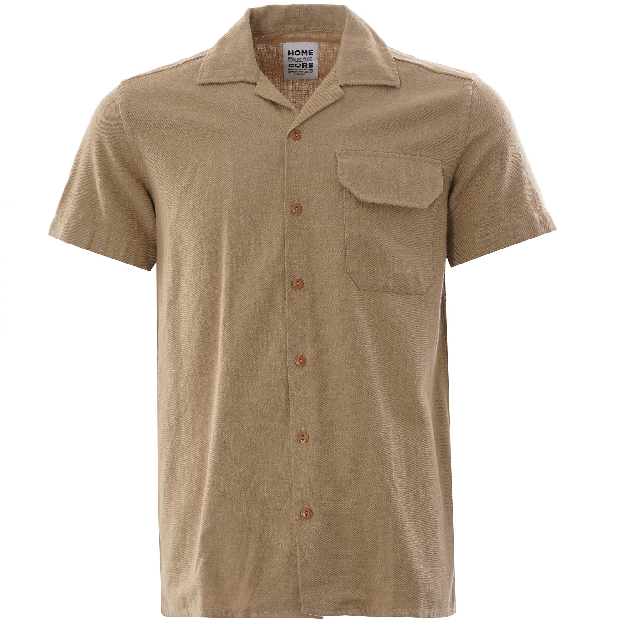 Front view of a men's short-sleeved beige shirt with an open collar and chest pocket.