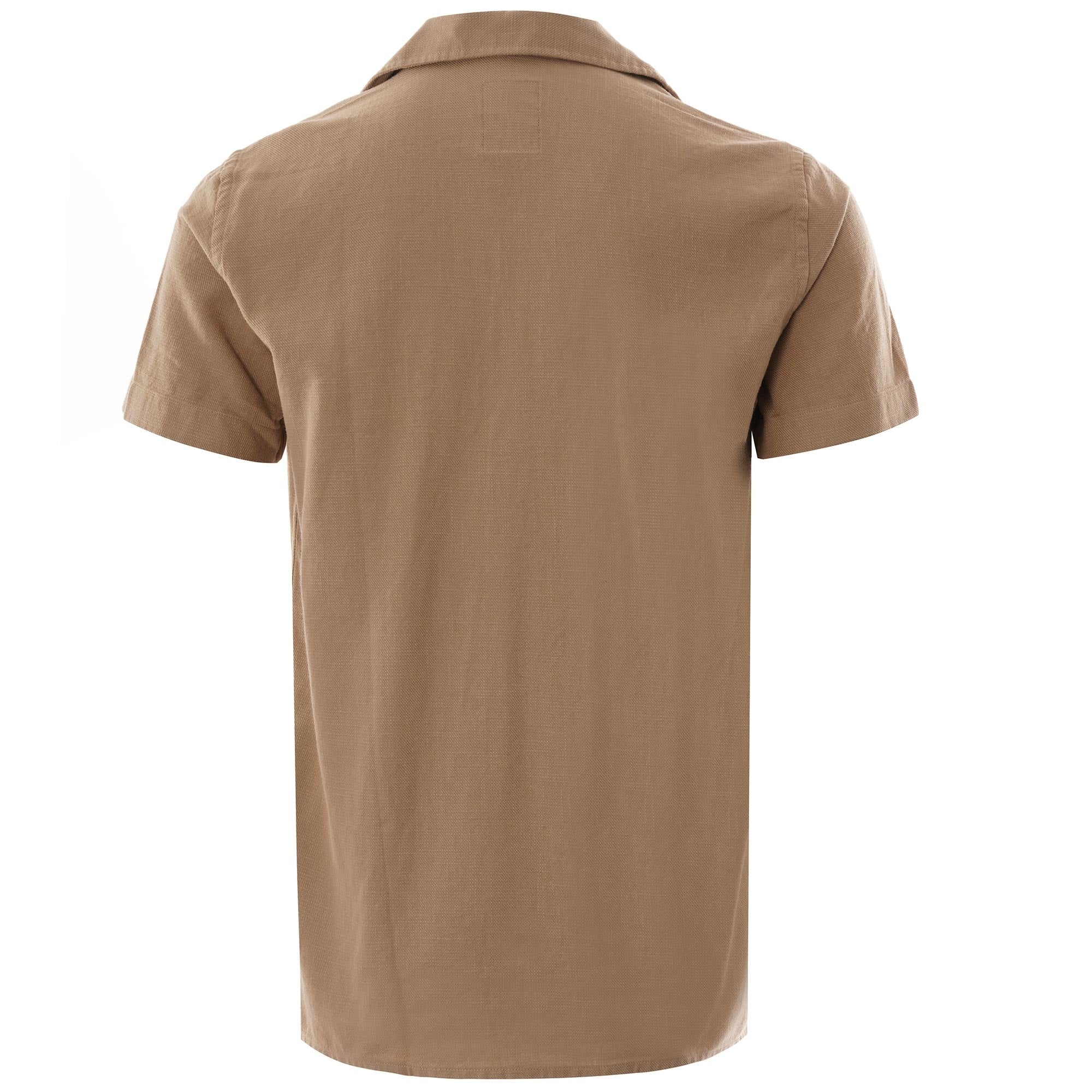 Rear view of a men's short-sleeved beige shirt with a plain back.