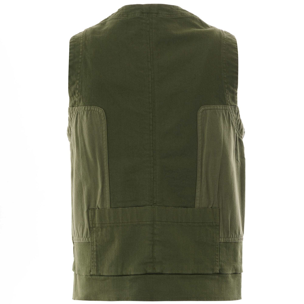 Back view of an olive green waistcoat with textured panels.
