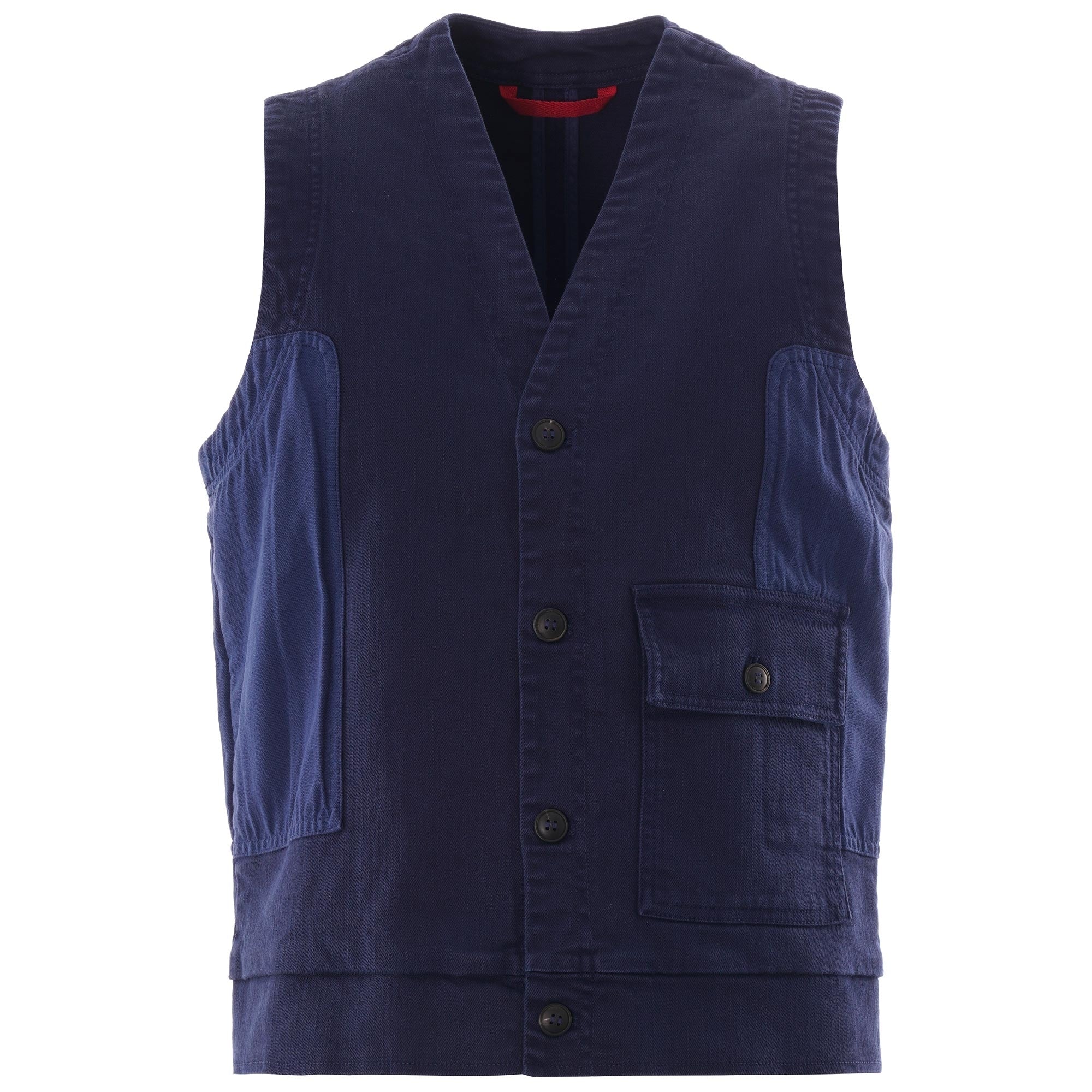 A navy blue men's vest with two chest pockets and five buttons down the front.