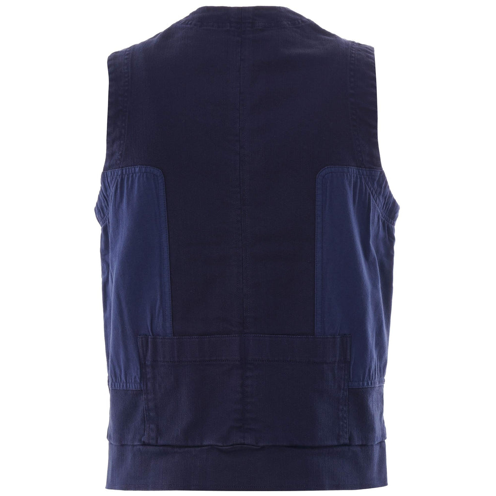 Back of the navy blue men's vest, showing two large pockets and horizontal stitching.