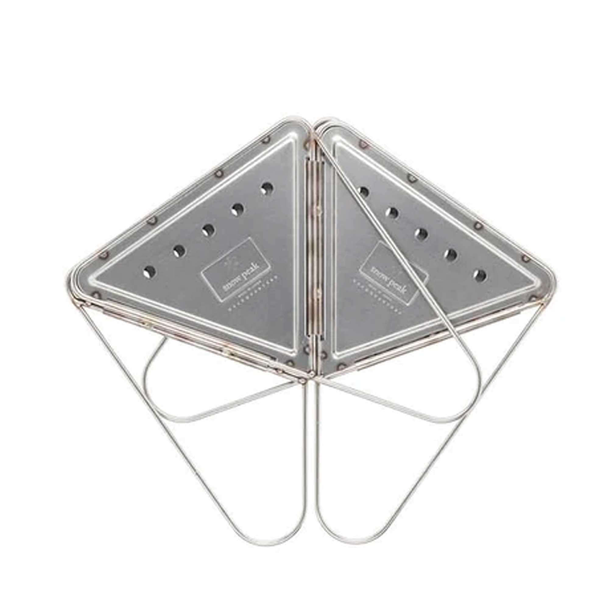 A four-sided stainless steel fire pit folded flat, against a white background.