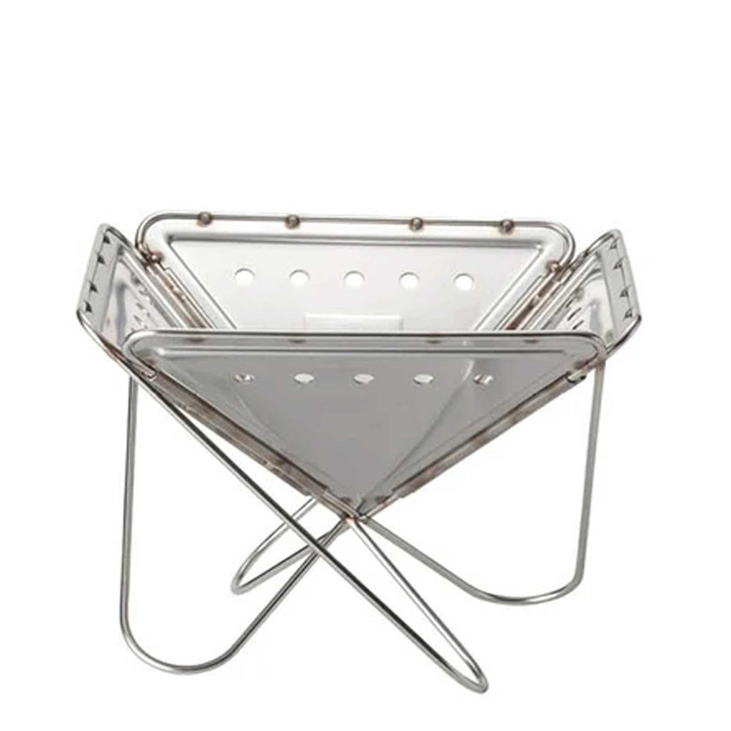 A four-sided stainless steel fire pit with a removable grill, against a white background.