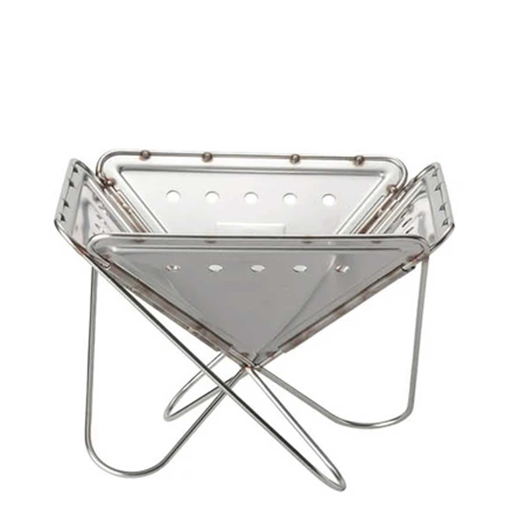 A four-sided stainless steel fire pit with a removable grill, against a white background.