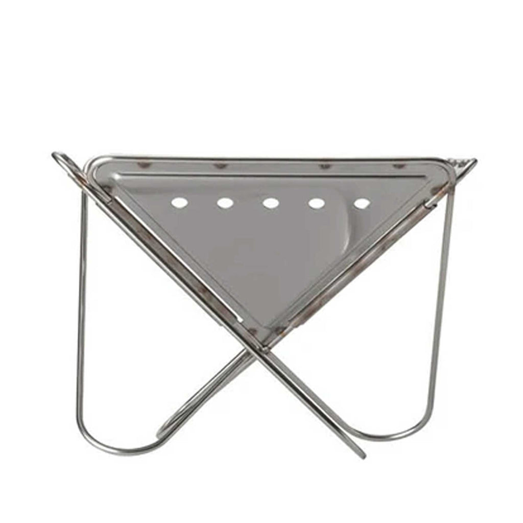 A two-sided stainless steel fire pit with a removable grill, against a white background.