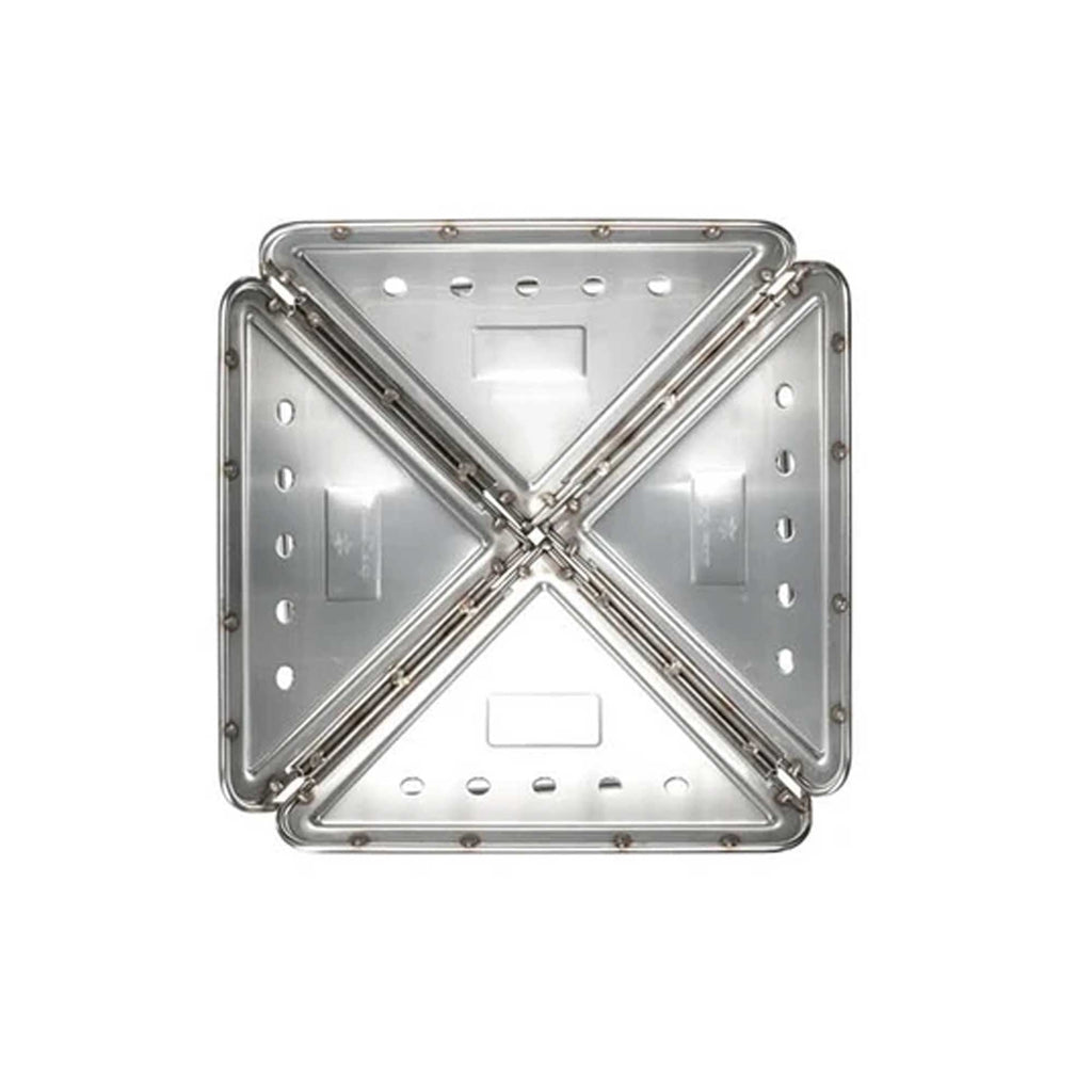 A four-sided stainless steel fire pit viewed from above, against a white background.