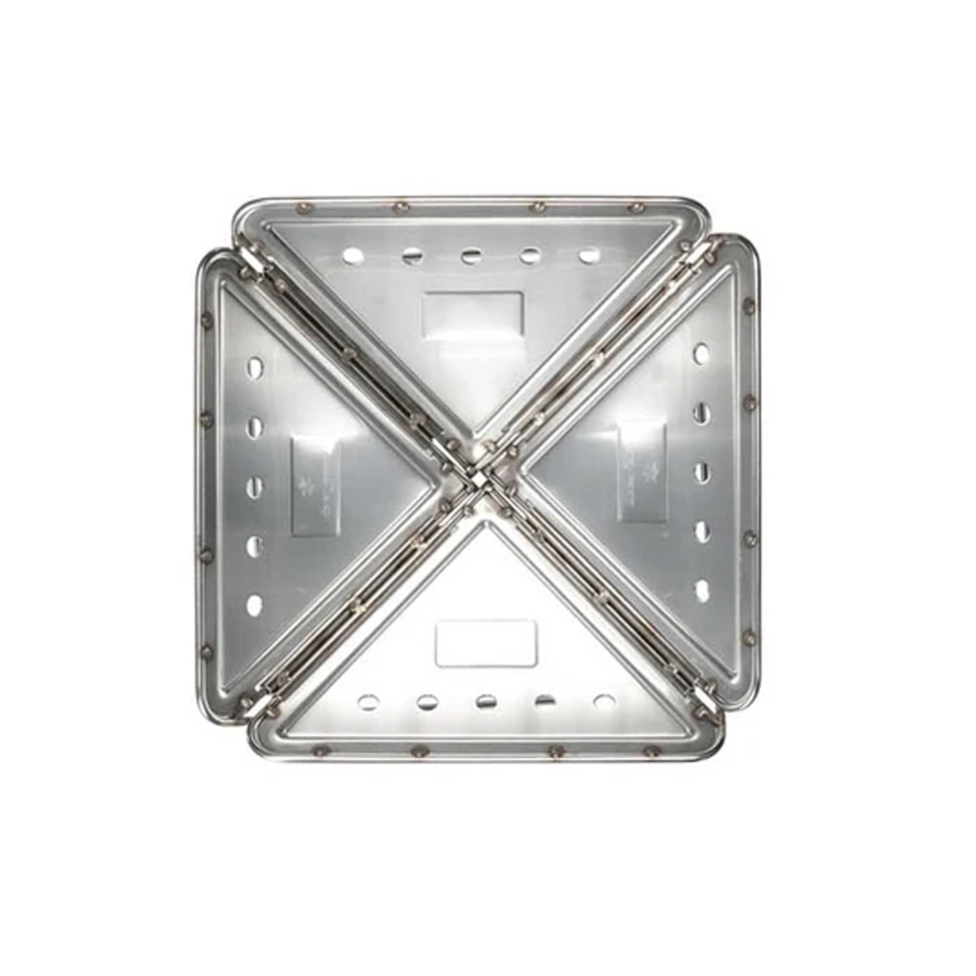 A four-sided stainless steel fire pit viewed from above, against a white background.