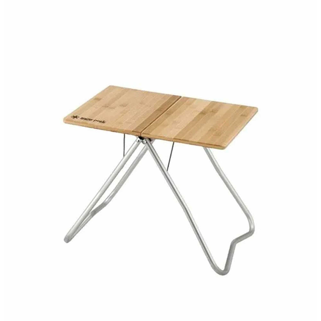 A small, portable wooden table with metal legs, suitable for camping or outdoor use.
