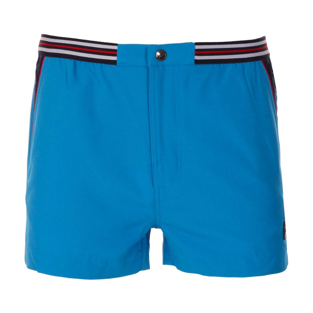 Front view of blue men's swim shorts with a striped waistband.