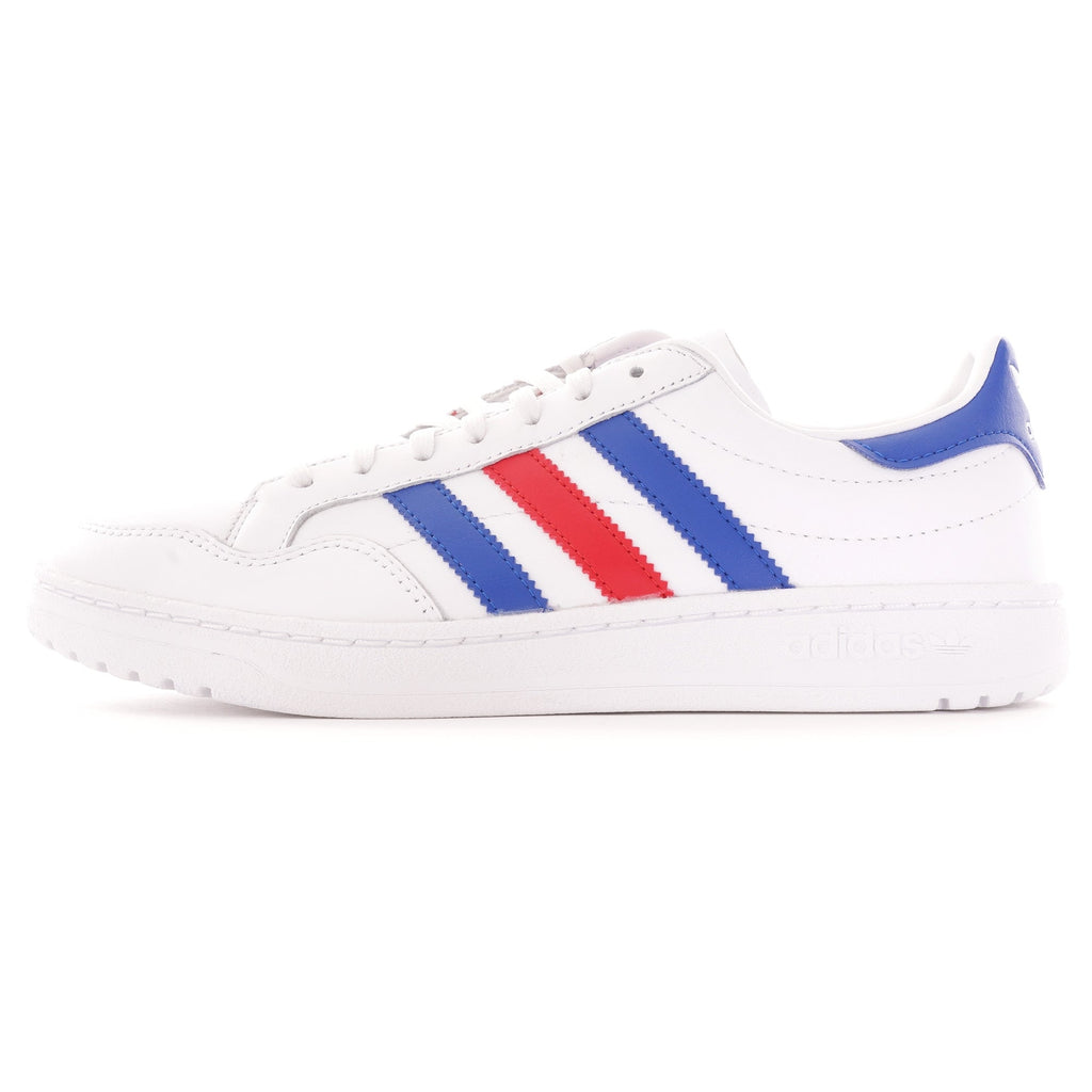 A close-up, eye-level, side profile of a white Adidas trainer with blue and red stripes.