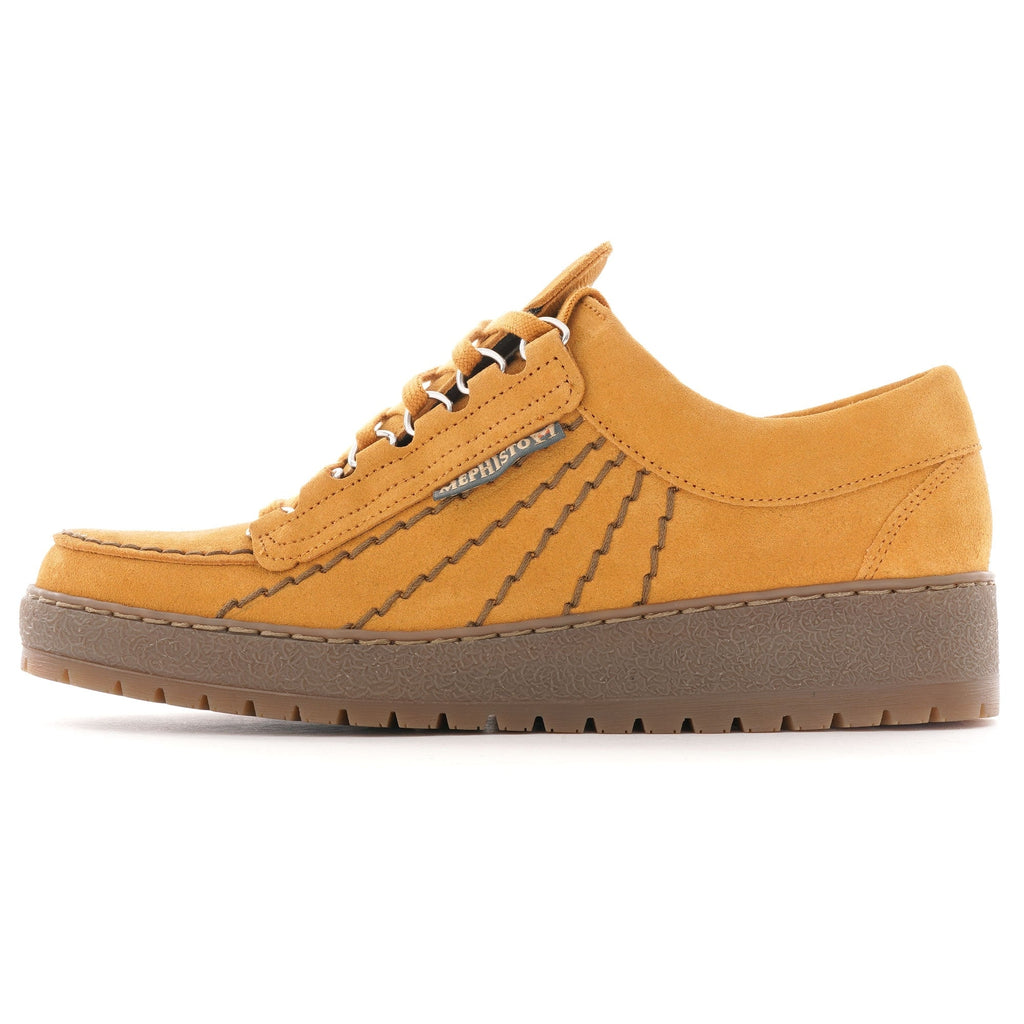 A single mustard yellow Mephisto 'Rainbow' shoe viewed from the side, on a white background.