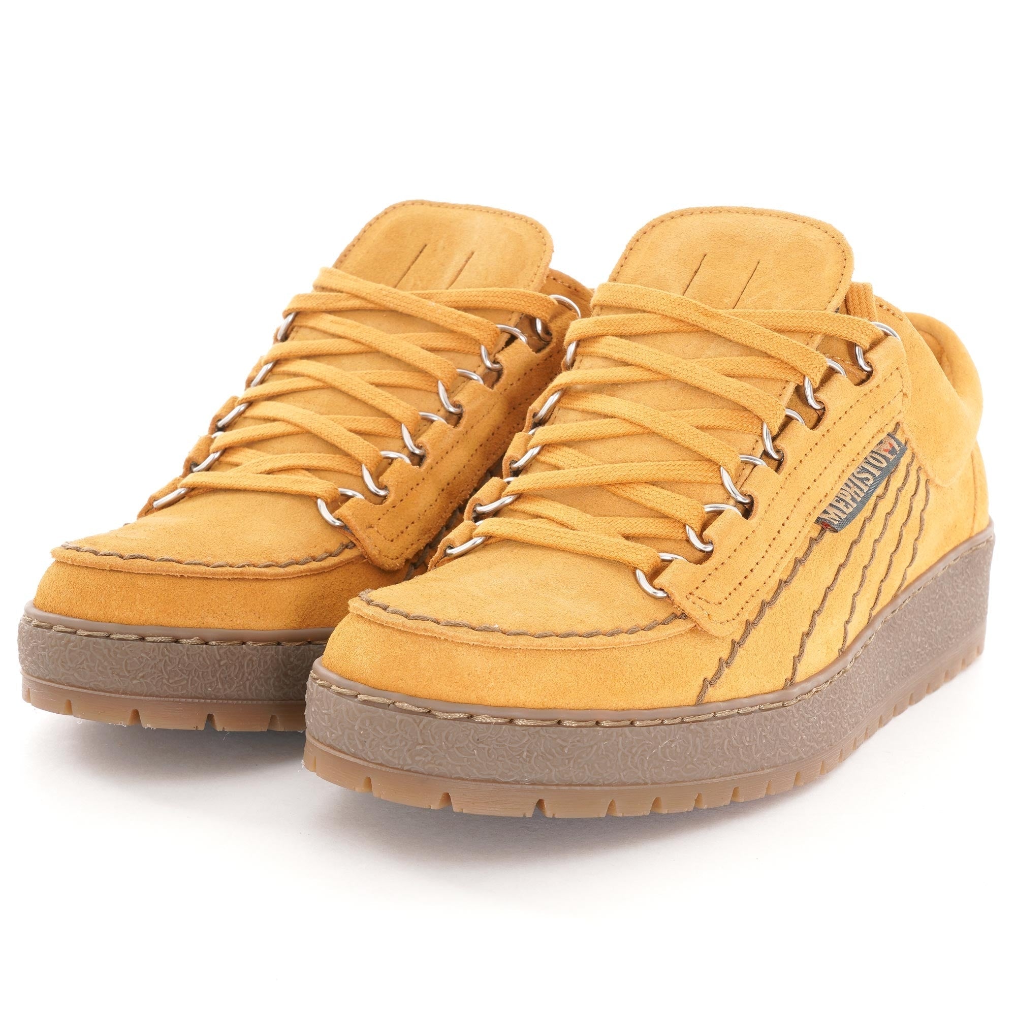 A pair of mustard yellow Mephisto 'Rainbow' shoes viewed from the front, on a white background.