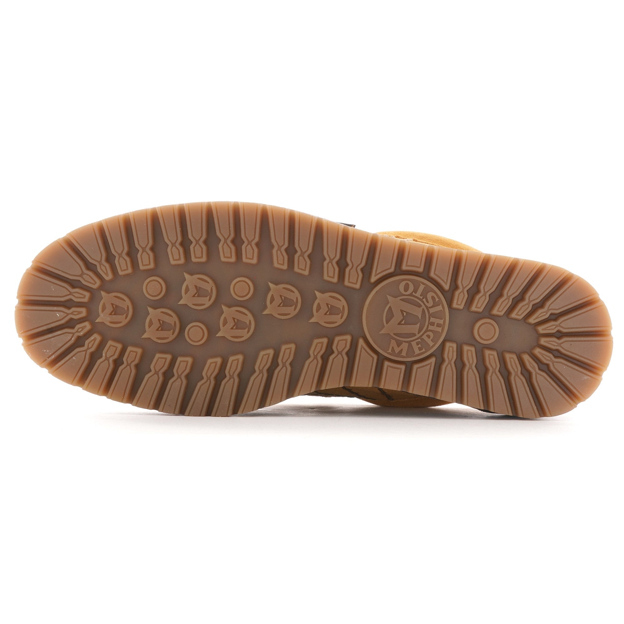 The sole of a mustard yellow Mephisto 'Rainbow' shoe, showing its textured grip.