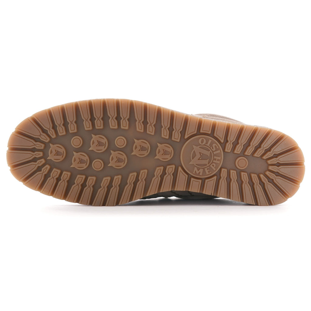 The sole of a beige shoe, displaying a textured grip pattern and brand logo.