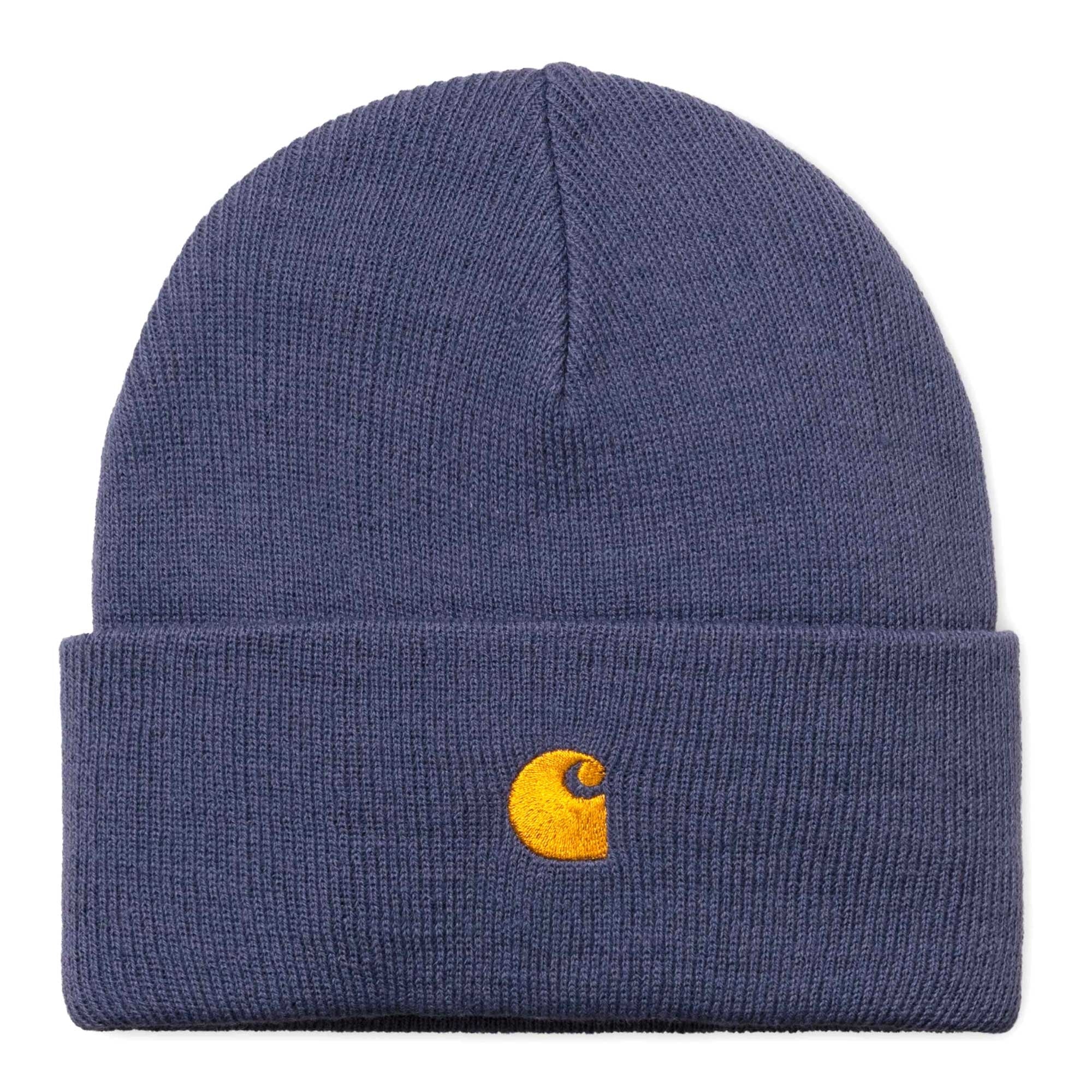 A blue Carhartt beanie with an orange logo.