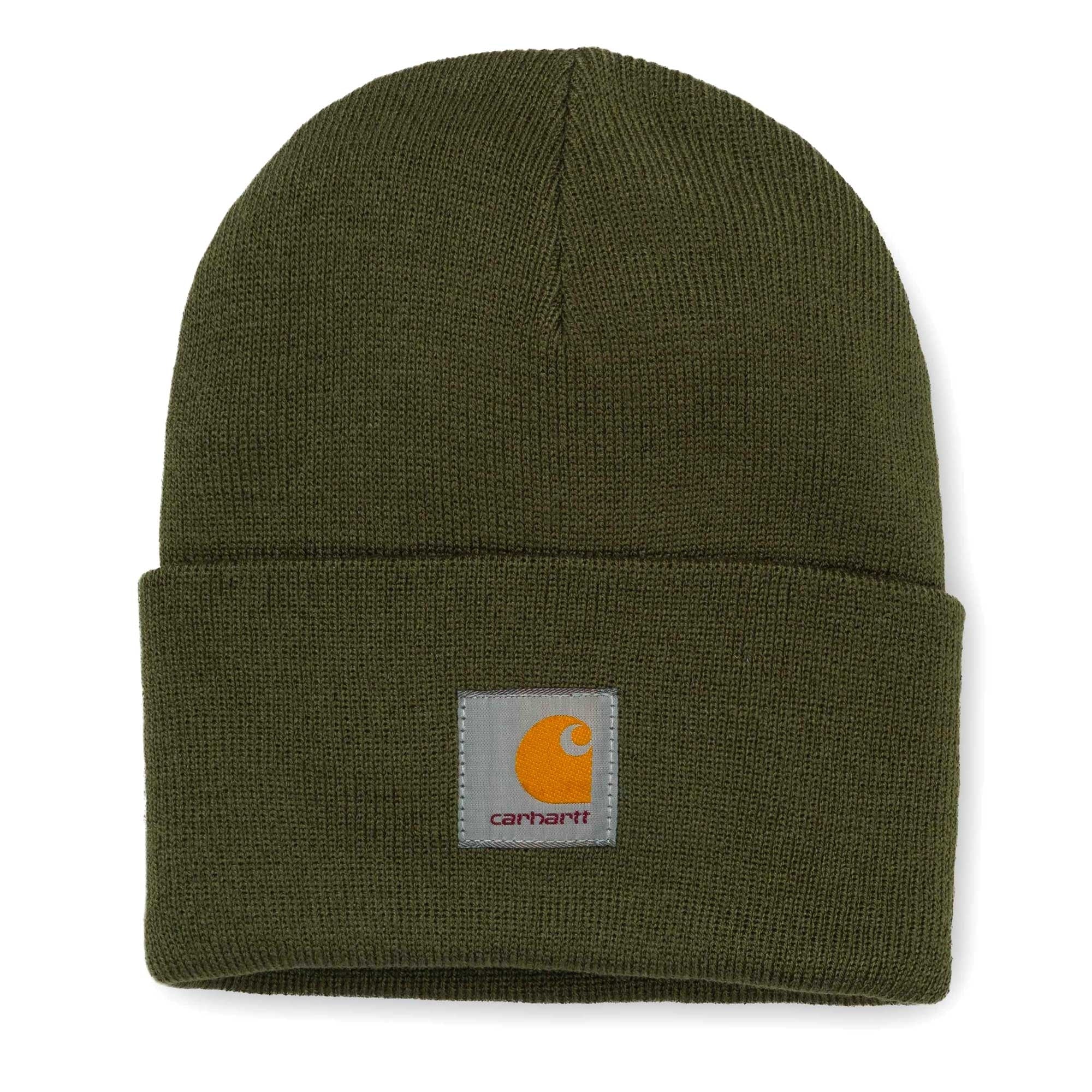 A close up of a Carhartt beanie.