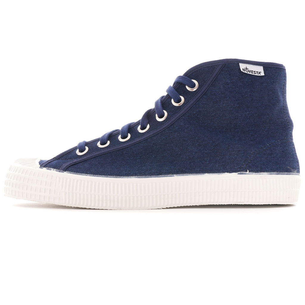 A single Novesta Star Master hi-top sneaker in navy, shown from the side.